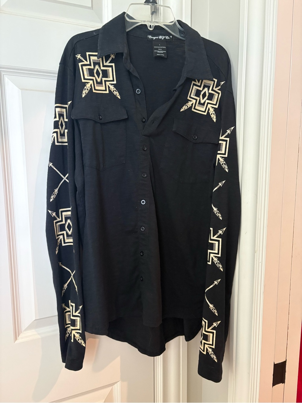 Cowgirl Tuff Black Button-Down Shirt with Ivory Aztec Accents